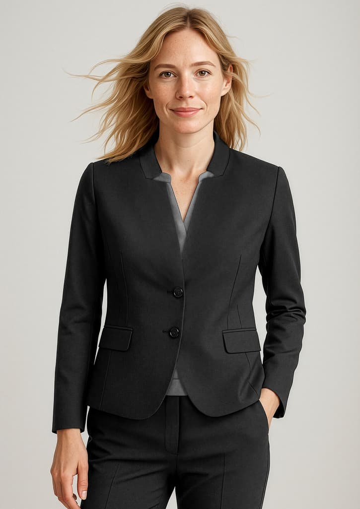 Comfort Wool Stretch Womens Short Jacket with Reverse Lapel — Black