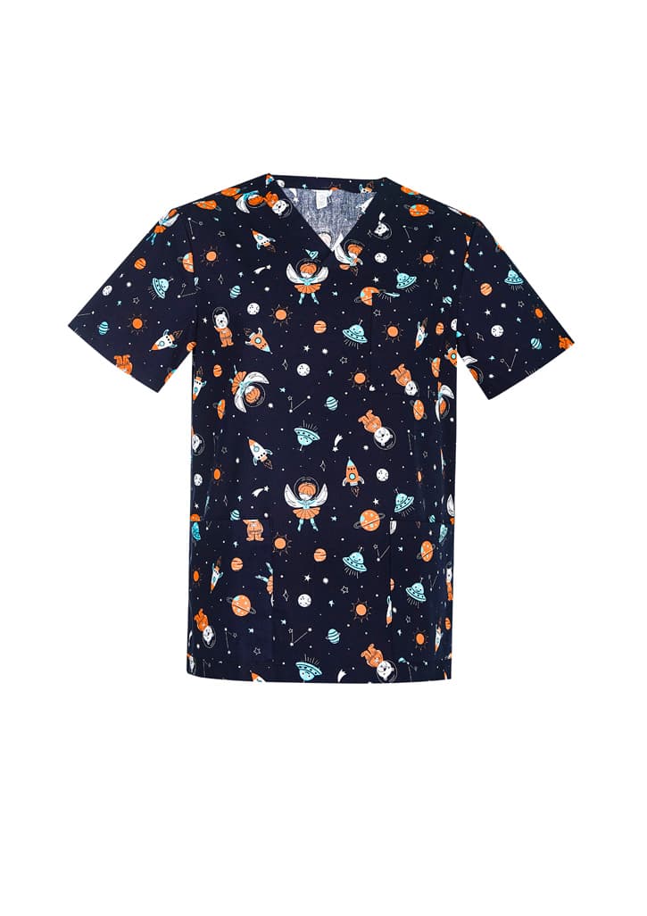 Printed Mens Space Party Scrub Top — Midnight Navy