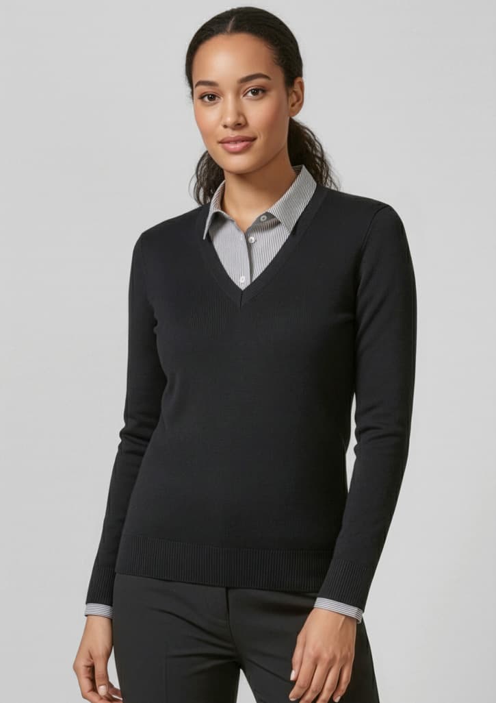 V-Neck Womens Knit Pullover — Black