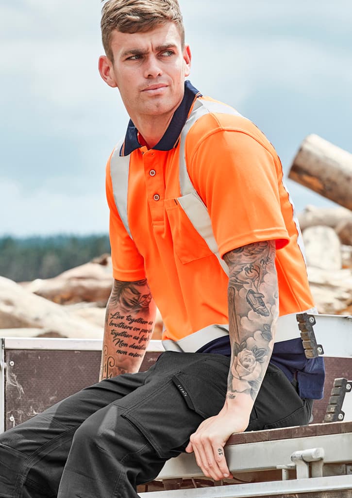 Mens Hi Vis Spliced Short Sleeve Polo - Shoulder Taped — Orange/Navy