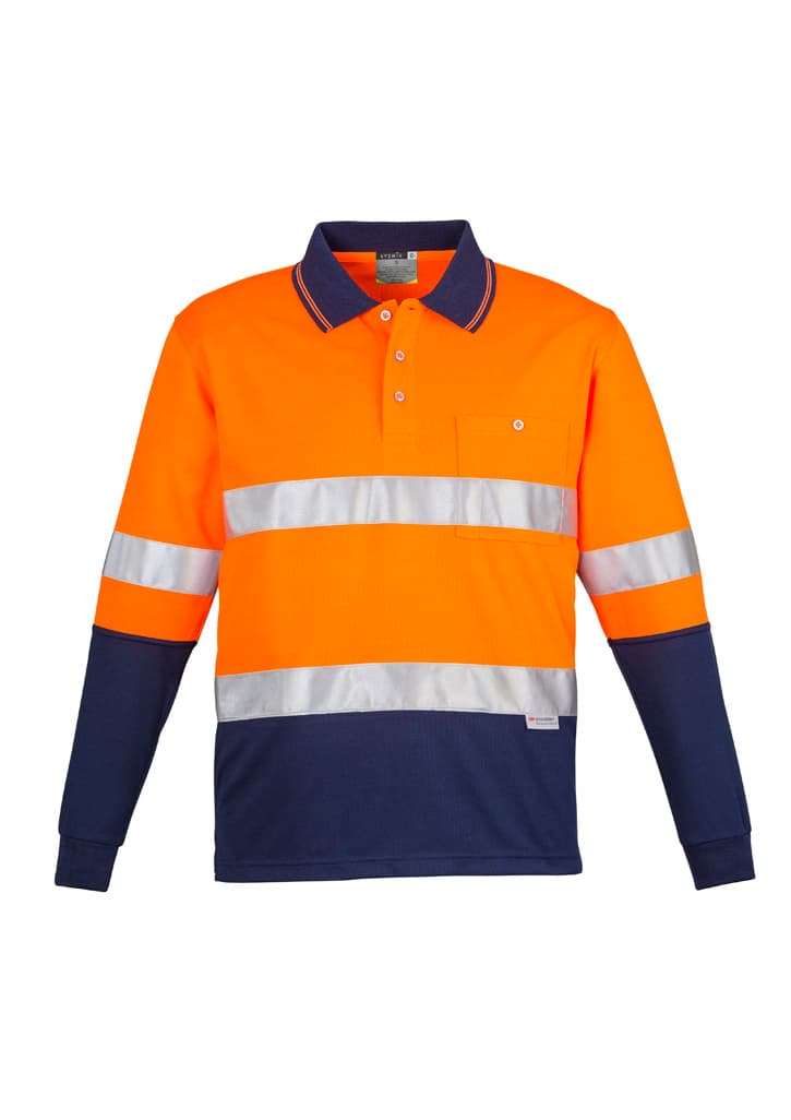 Mens Hi Vis Spliced Long Sleeve Polo - Hoop Taped — Orange/Navy