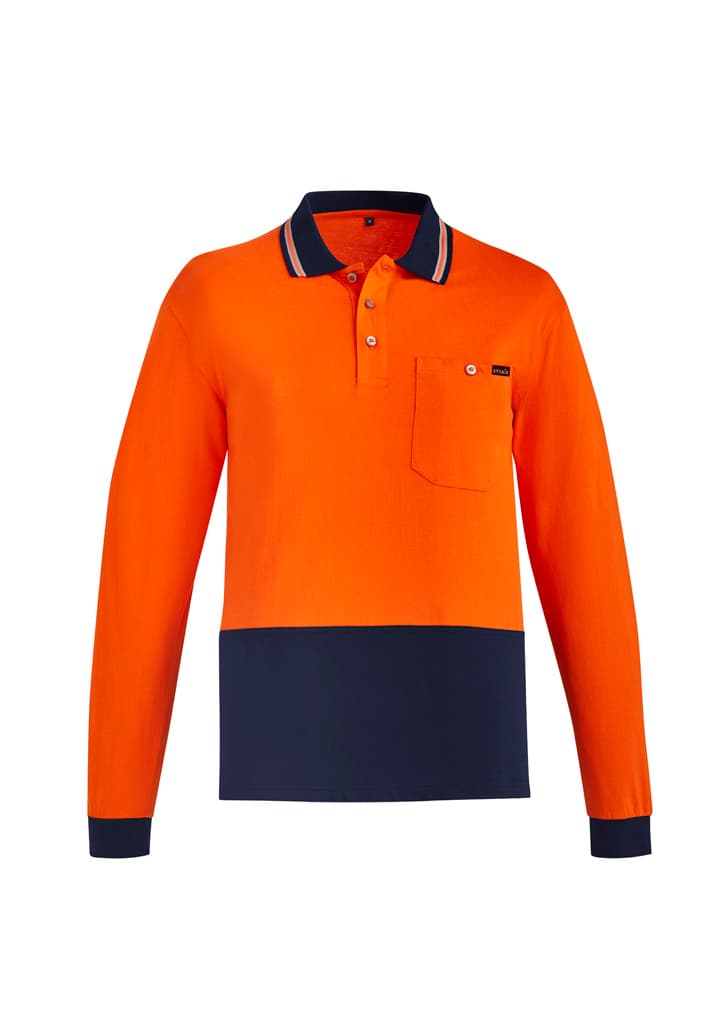 Mens Hi Vis Cotton Long Sleeve Polo — Orange/Navy
