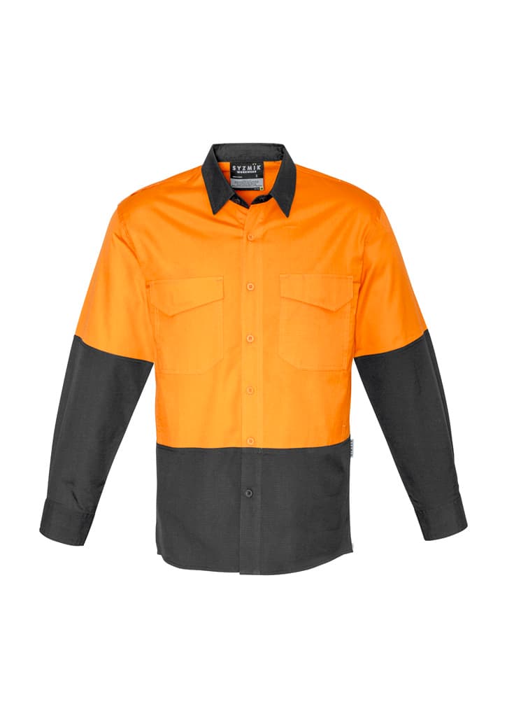 Mens Rugged Cooling Hi Vis Long Sleeve Shirt — Orange/Charcoal