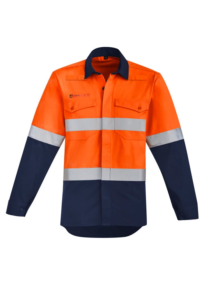 Mens Orange Flame Hi Vis Open Front Spliced Shirt - Hoop Taped — Orange/Navy