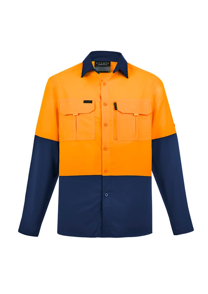 Mens Hi Vis Outdoor Long Sleeve Shirt — Orange/Navy