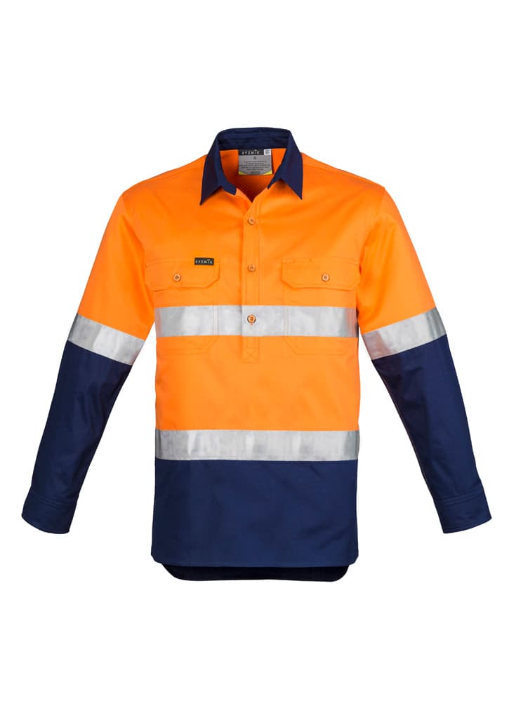 Mens Closed Front Long Sleeve Shirt - Hoop Taped — Orange/Navy