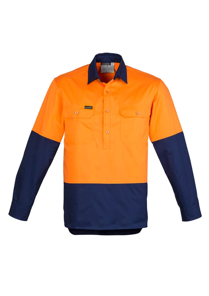 Mens Closed Front Long Sleeve Shirt — Orange/Navy