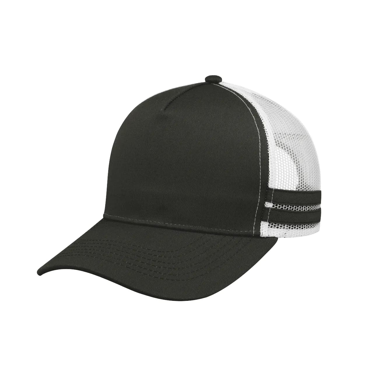 F24503 Headwear24 Striped Trucker Cap — Black / White Mesh / Black Stripes