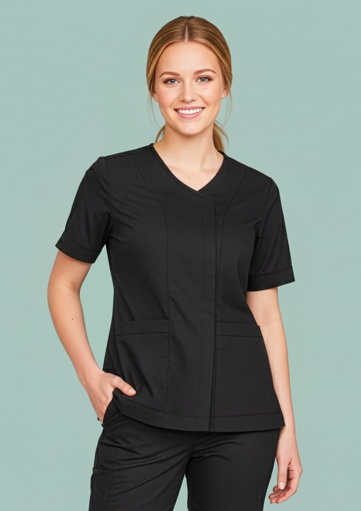 Parks Womens Zip Front Scrub Top — Black