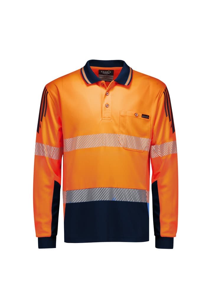 Mens Hi Vis Flux Segmented Tape Long Sleeve Polo — Orange/Navy