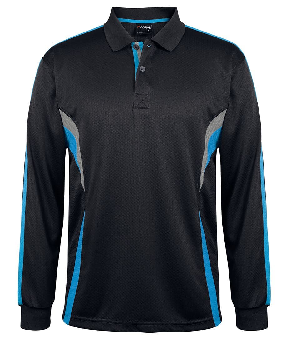 PODIUM L/S COOL POLO — Black/Aqua/Grey