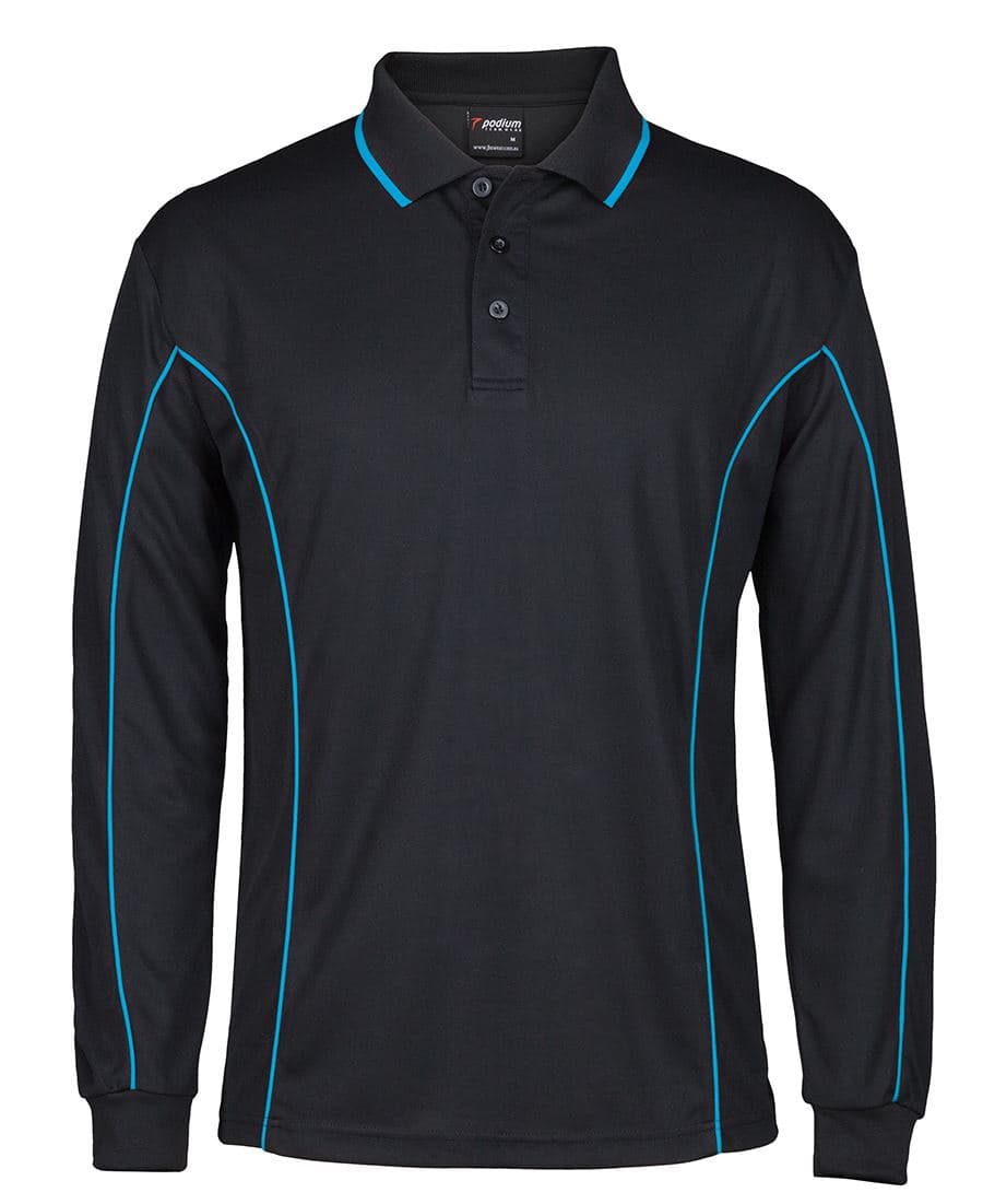 PODIUM L/S PIPING POLO BLACK/RED-2XS — Black/Aqua